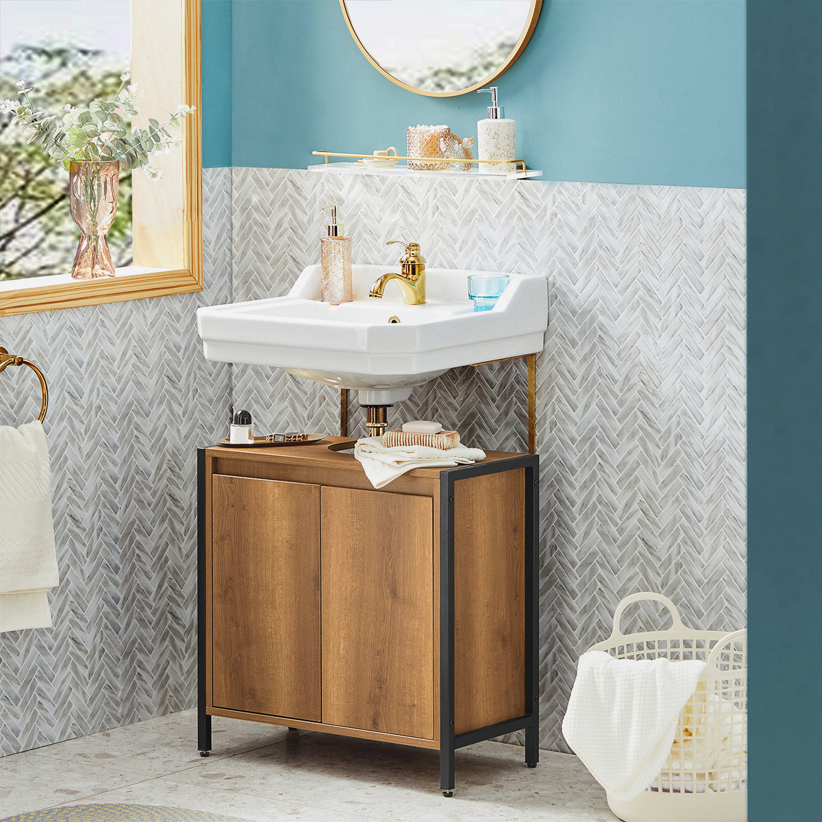 SoBuy BZR63-PF, Under Sink Bathroom Cabinet Slim Bathroom Storage Unit with 2 Doors & Shelf, Freestanding Bathroom Sink Cabinet for Small Bathrooms & Guest Toilets 60x60x30 cm