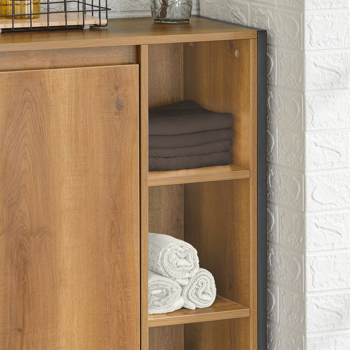 SoBuy BZR65-PF, Slim Bathroom Storage Cabinet Unit Freestanding Narrow Bathroom Cupboard with Removable Laundry Basket Modern Small Floor Storage Ideal for Toilet or Utility Room 60x30x90cm