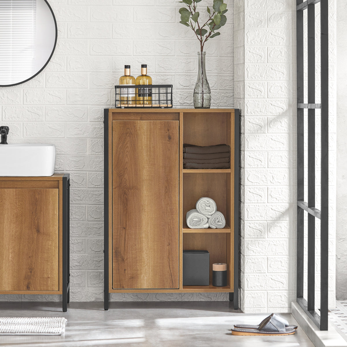 SoBuy BZR65-PF, Slim Bathroom Storage Cabinet Unit Freestanding Narrow Bathroom Cupboard with Removable Laundry Basket Modern Small Floor Storage Ideal for Toilet or Utility Room 60x30x90cm