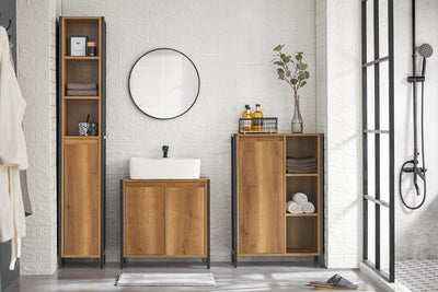 SoBuy BZR62-PF, Tall Slim Bathroom Storage Cabinet with 3 Open Shelves and 1 Door – Freestanding Narrow Bathroom Unit, Industrial Wood Look, 30x168x28cm