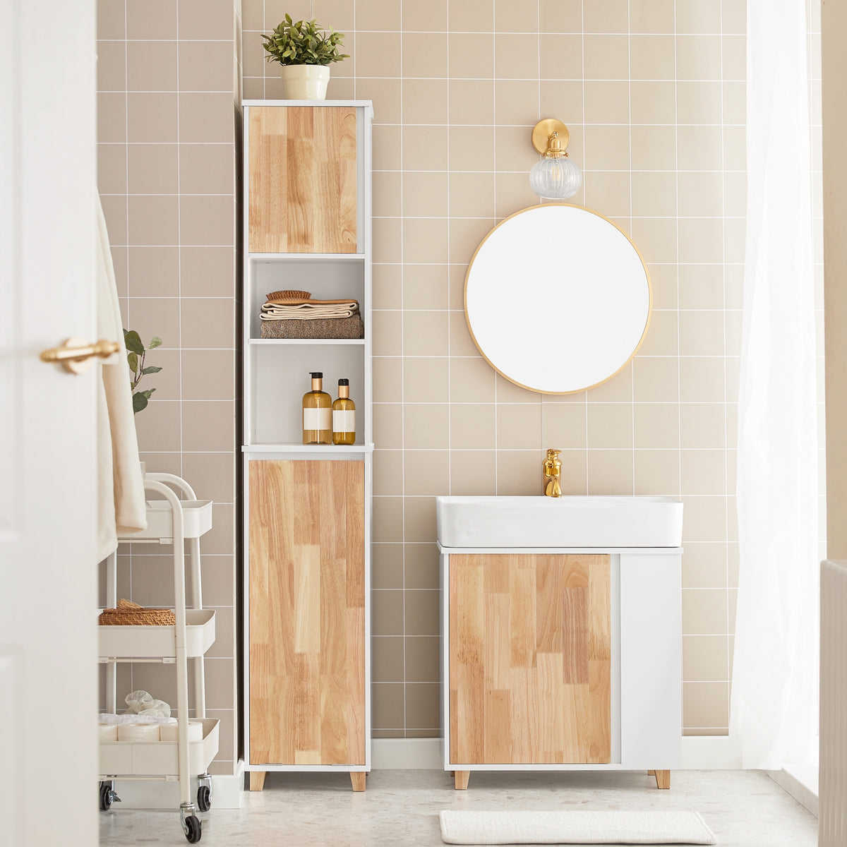 SoBuy BZR74-W, Bathroom Tall Cabinet Cupboard Storage Cabinet with Laundry Basket, White