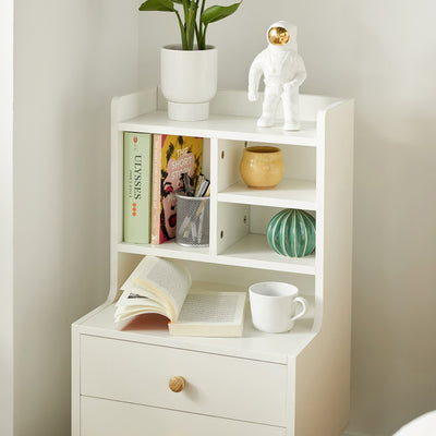 SoBuy FBT100-W, Modern Bedside Table with Drawers & Open Shelves, Nightstand with Pine Wood Legs, Storage Cabinet for Bedroom & Living Room, White
