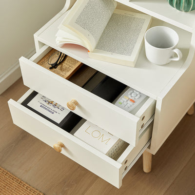 SoBuy FBT100-W, Modern Bedside Table with Drawers & Open Shelves, Nightstand with Pine Wood Legs, Storage Cabinet for Bedroom & Living Room, White
