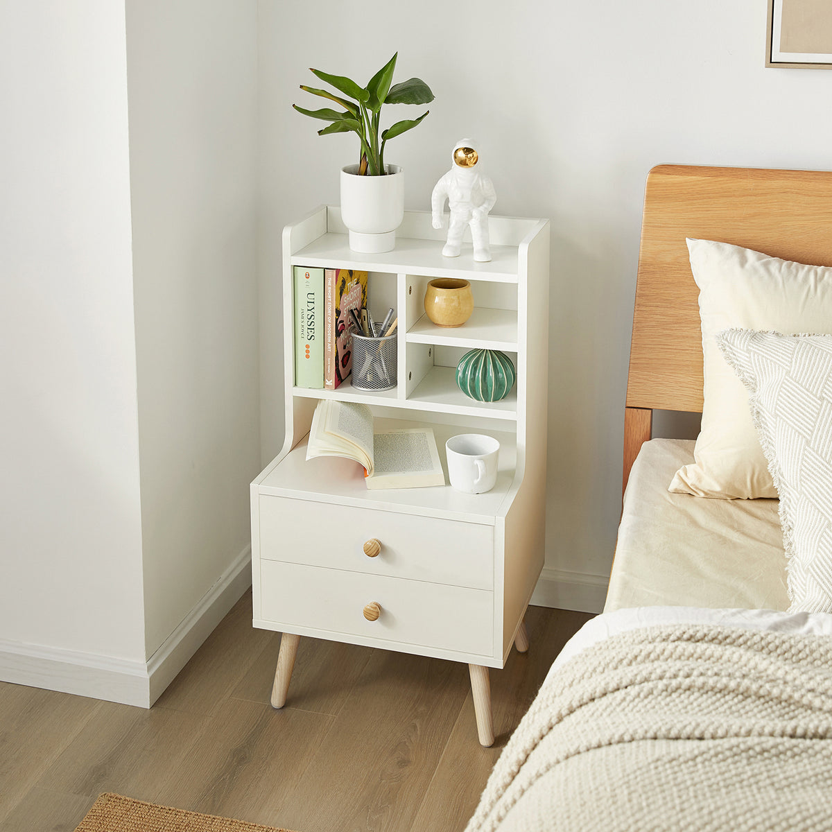 SoBuy FBT100-W, Modern Bedside Table with Drawers & Open Shelves, Nightstand with Pine Wood Legs, Storage Cabinet for Bedroom & Living Room, White