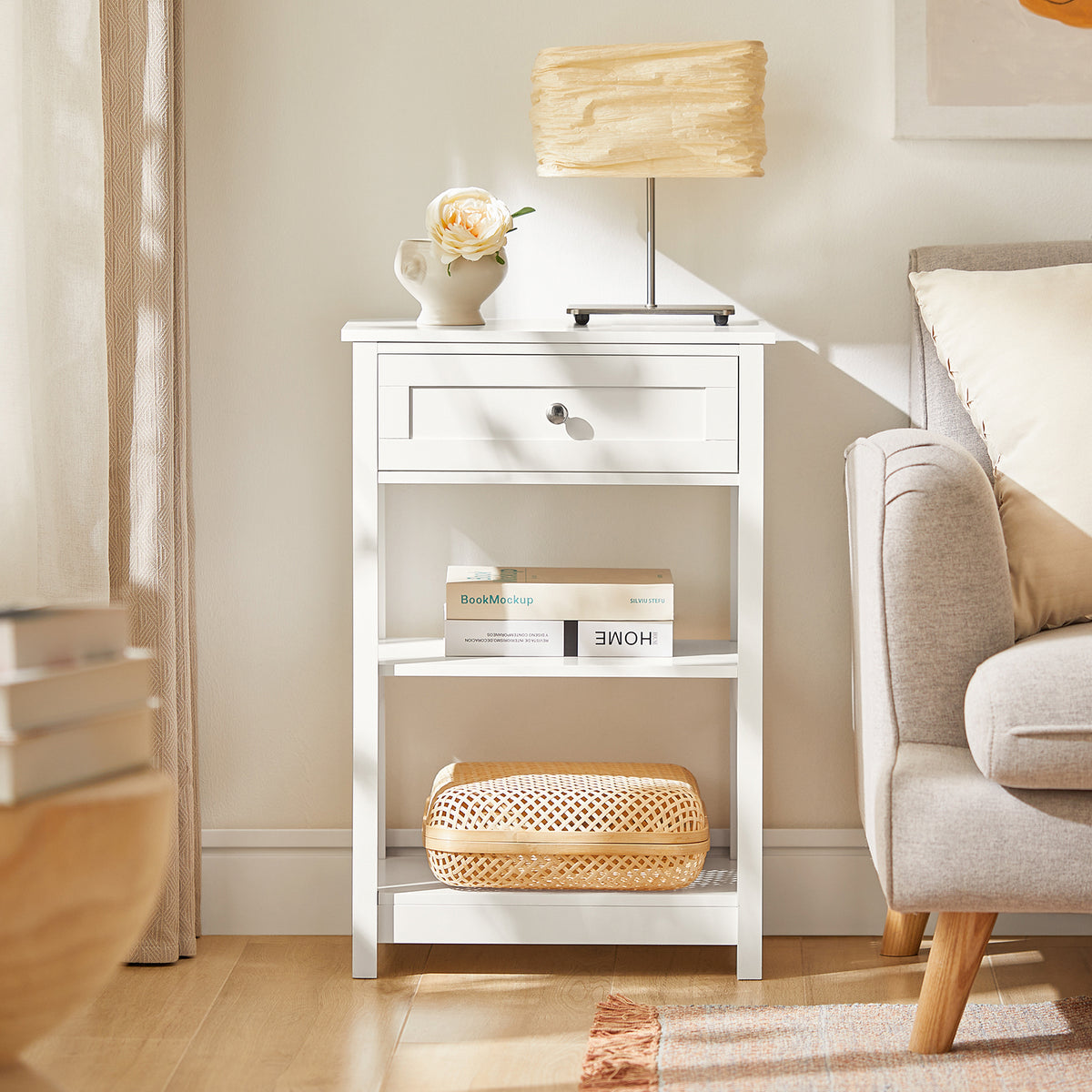 SoBuy FBT46-W, Beside Table with 1 Drawer 2 Shelves, End Table Lamp Table Night Stand, White