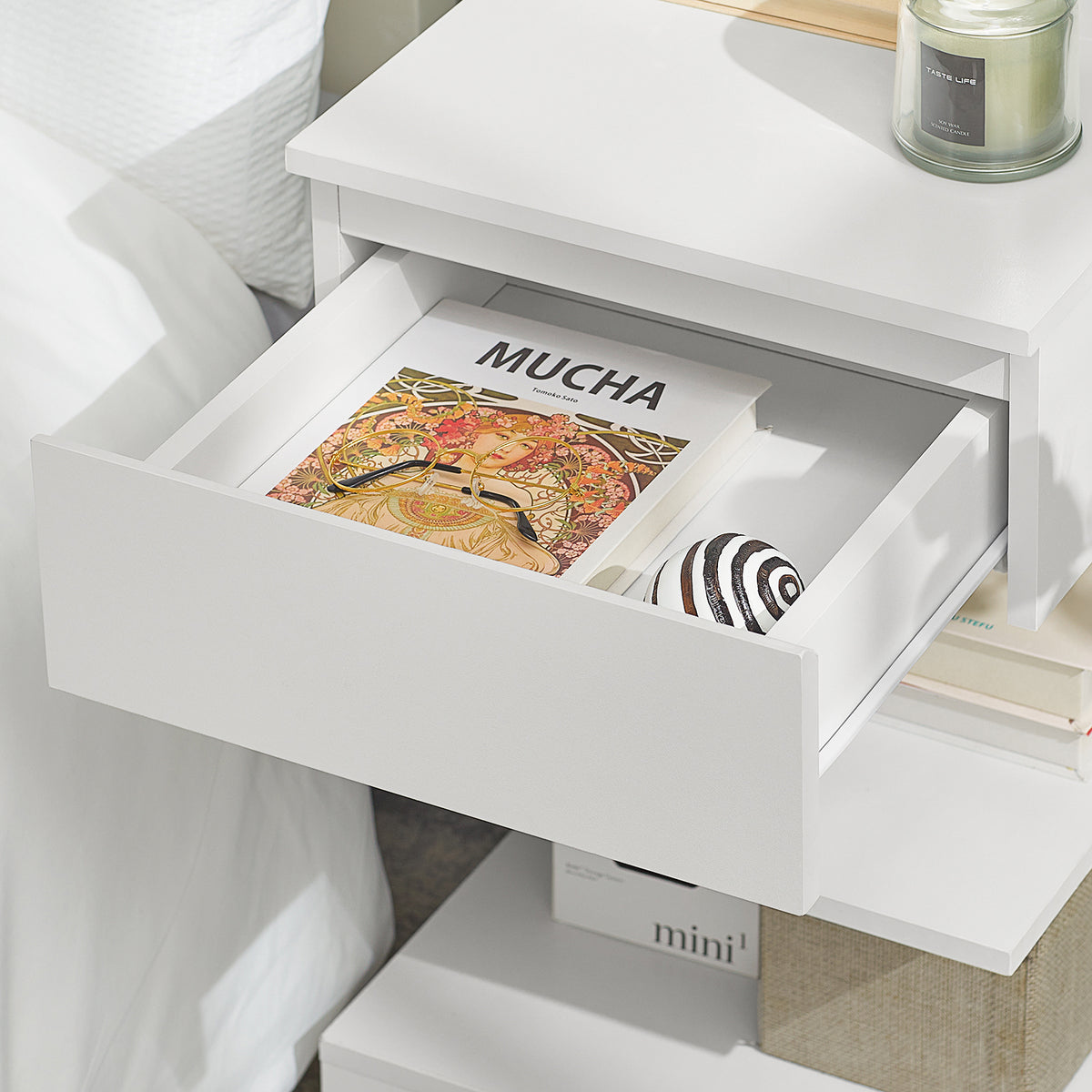 SoBuy FBT49-Wx2, Set of 2 Bedside Table Bedside Cabinet Nightstand with 1 Drawer & 2 Shelves, Side Table for Bedroom Living Room White W39 x D39 x H65cm
