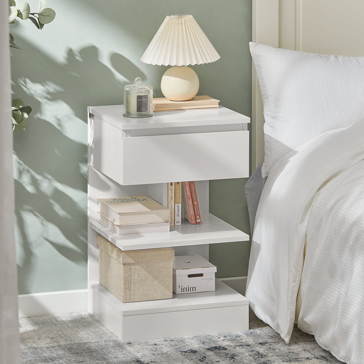 SoBuy FBT49-Wx2, Set of 2 Bedside Table Bedside Cabinet Nightstand with 1 Drawer & 2 Shelves, Side Table for Bedroom Living Room White W39 x D39 x H65cm
