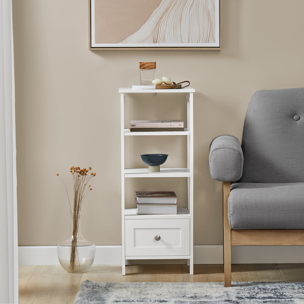 SoBuy FBT91-W, Side Table End Table Bedside Table with 3 Shelves and 1 Drawer, White