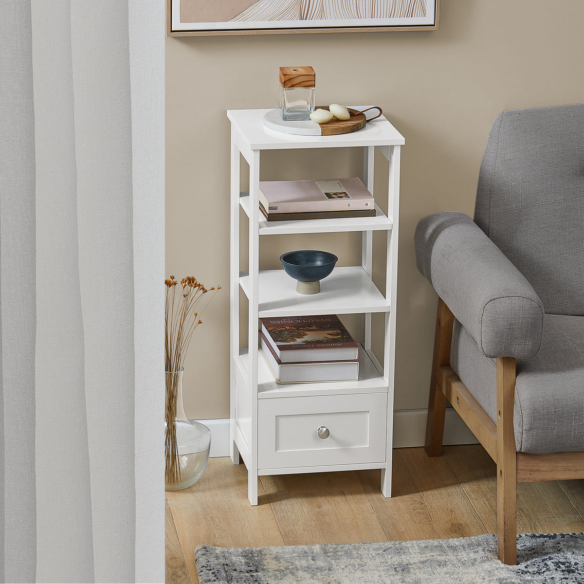 SoBuy FBT91-W, Side Table End Table Bedside Table with 3 Shelves and 1 Drawer, White