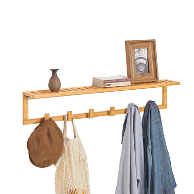 SoBuy FHK06-N, Bamboo Wall Coat Rack with 6 Hooks, Bathroom Wall Towel Rack Shelf, Wood
