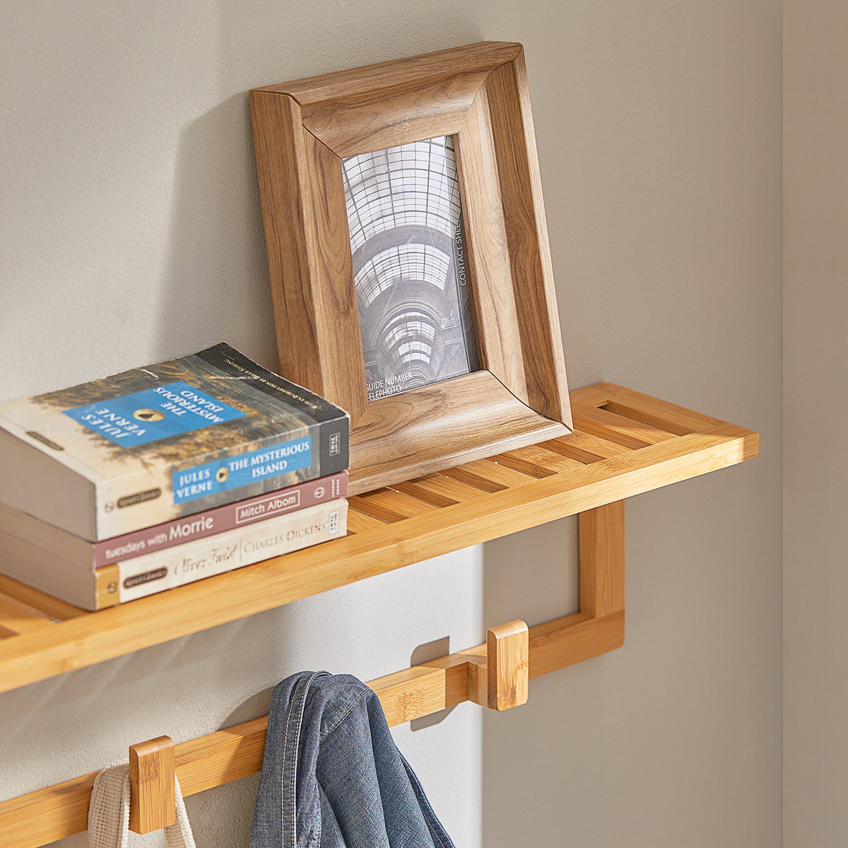 SoBuy FHK06-N, Bamboo Wall Coat Rack with 6 Hooks, Bathroom Wall Towel Rack Shelf, Wood