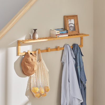 SoBuy FHK06-N, Bamboo Wall Coat Rack with 6 Hooks, Bathroom Wall Towel Rack Shelf, Wood