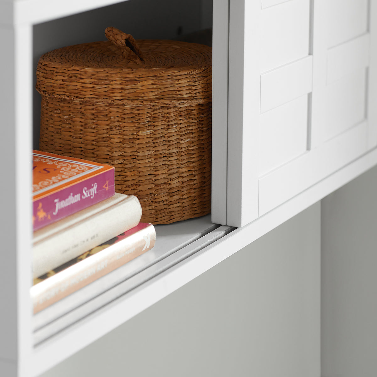 SoBuy FHK18-W White Wall Mounted Storage Cabinet with Sliding Doors – Space-Saving Sideboard Cupboard with Open Shelf for Hallway, Kitchen, Bathroom, Living Room – 75×20×23cm