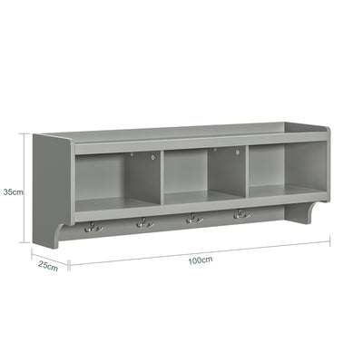 SoBuy FHK28-HG, Wall Coat Rack Wall Shelf Wall Storage Cabinet Unit with 3 Compartments 4 Hooks, Grey
