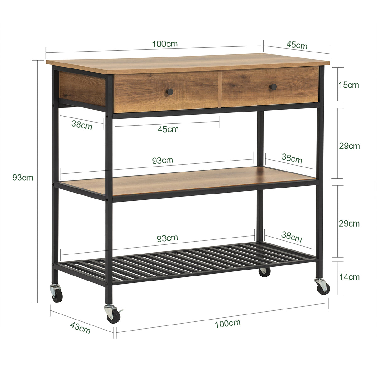 SoBuy FKW112-PF, Industrial Vintage Style Kitchen Trolley Cart Kitchen Storage Trolley Serving Trolley with 2 Drawers 2 Shelves, Brown