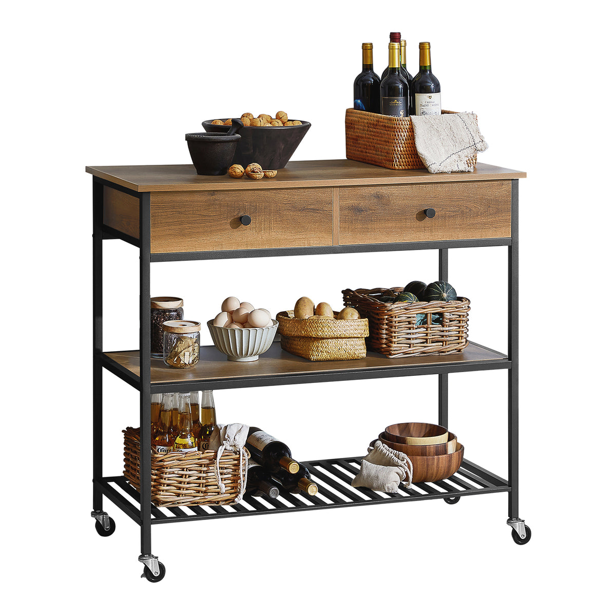 SoBuy FKW112-PF, Industrial Vintage Style Kitchen Trolley Cart Kitchen Storage Trolley Serving Trolley with 2 Drawers 2 Shelves, Brown