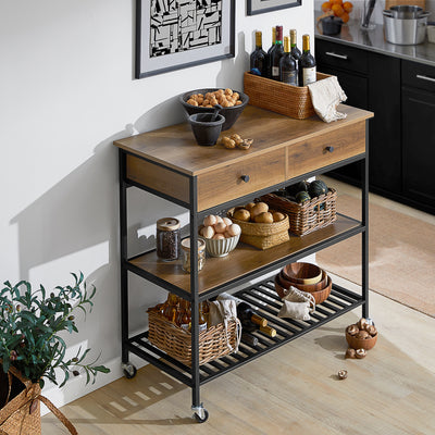 SoBuy FKW112-PF, Industrial Vintage Style Kitchen Trolley Cart Kitchen Storage Trolley Serving Trolley with 2 Drawers 2 Shelves, Brown