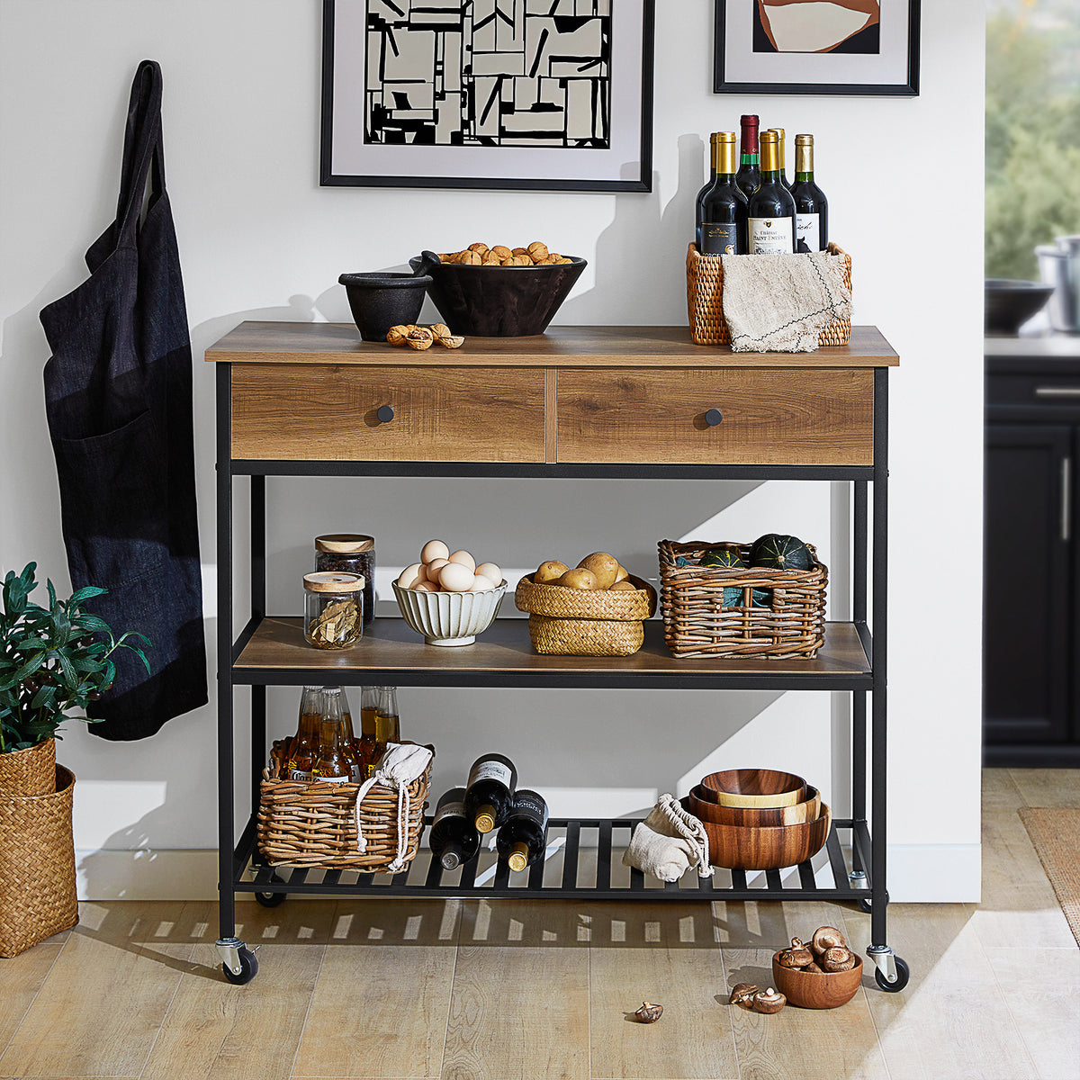 SoBuy FKW112-PF, Industrial Vintage Style Kitchen Trolley Cart Kitchen Storage Trolley Serving Trolley with 2 Drawers 2 Shelves, Brown