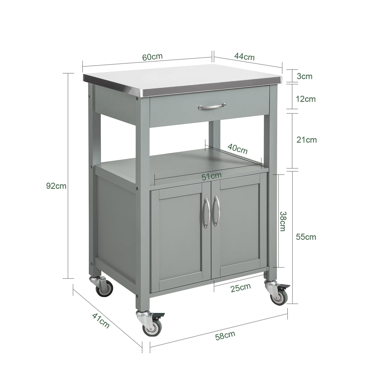 SoBuy FKW22-HG Kitchen Trolley with Storage Mobile Kitchen Cart with Drawer, Open Shelf Compact Kitchen Unit on Wheels, Ideal as Microwave Stand, Storage Trolley or Side Cabinet Grey 60x92x44cm