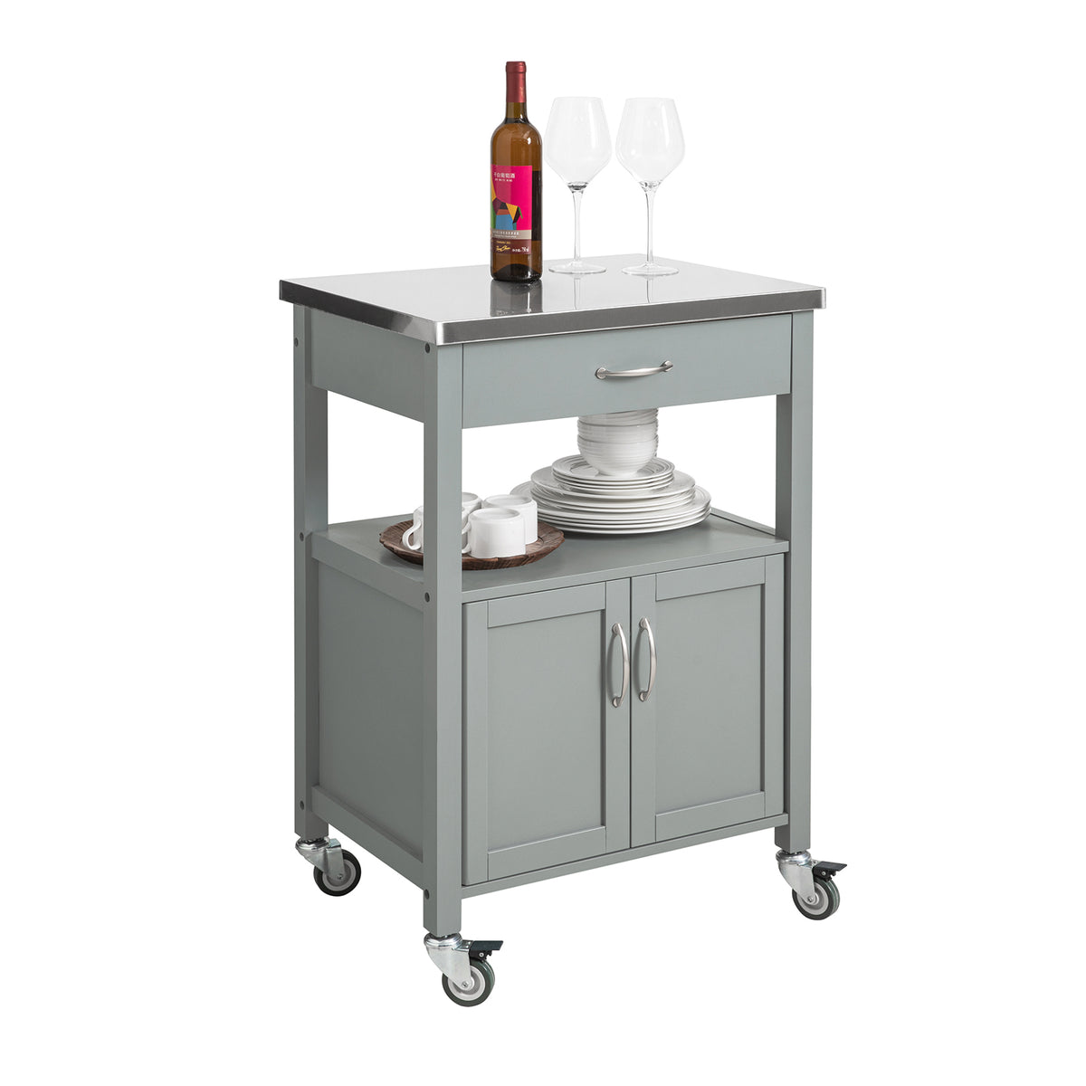 SoBuy FKW22-HG Kitchen Trolley with Storage Mobile Kitchen Cart with Drawer, Open Shelf Compact Kitchen Unit on Wheels, Ideal as Microwave Stand, Storage Trolley or Side Cabinet Grey 60x92x44cm