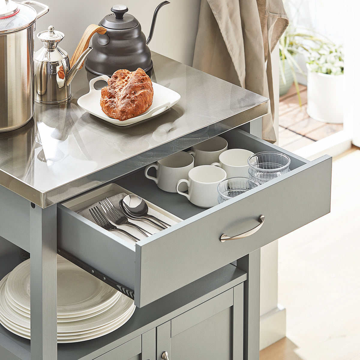 SoBuy FKW22-HG Kitchen Trolley with Storage Mobile Kitchen Cart with Drawer, Open Shelf Compact Kitchen Unit on Wheels, Ideal as Microwave Stand, Storage Trolley or Side Cabinet Grey 60x92x44cm