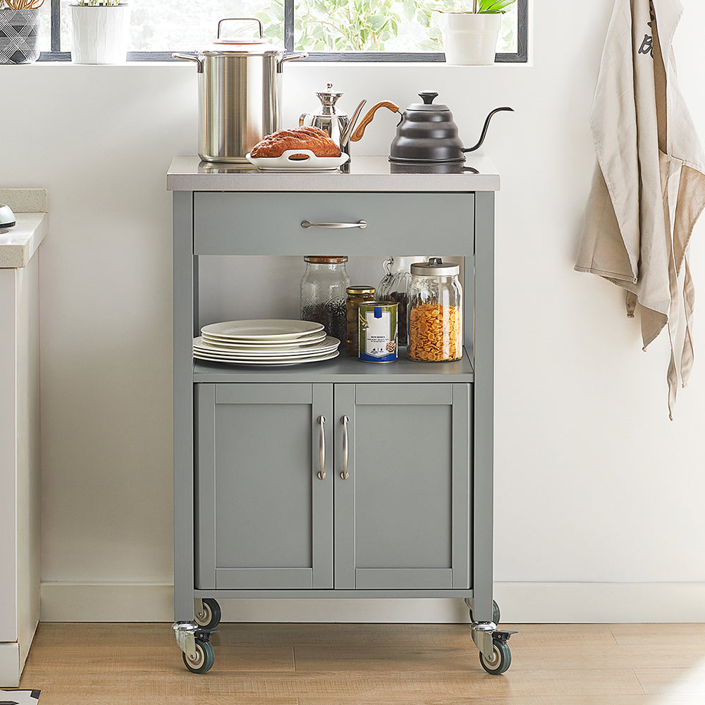 SoBuy FKW22-HG Kitchen Trolley with Storage Mobile Kitchen Cart with Drawer, Open Shelf Compact Kitchen Unit on Wheels, Ideal as Microwave Stand, Storage Trolley or Side Cabinet Grey 60x92x44cm