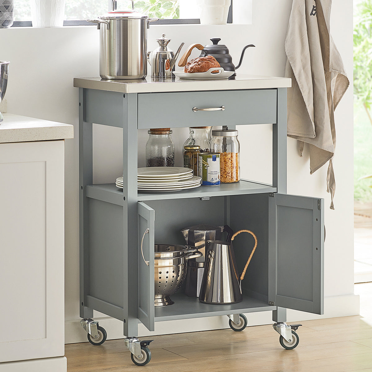 SoBuy FKW22-HG Kitchen Trolley with Storage Mobile Kitchen Cart with Drawer, Open Shelf Compact Kitchen Unit on Wheels, Ideal as Microwave Stand, Storage Trolley or Side Cabinet Grey 60x92x44cm