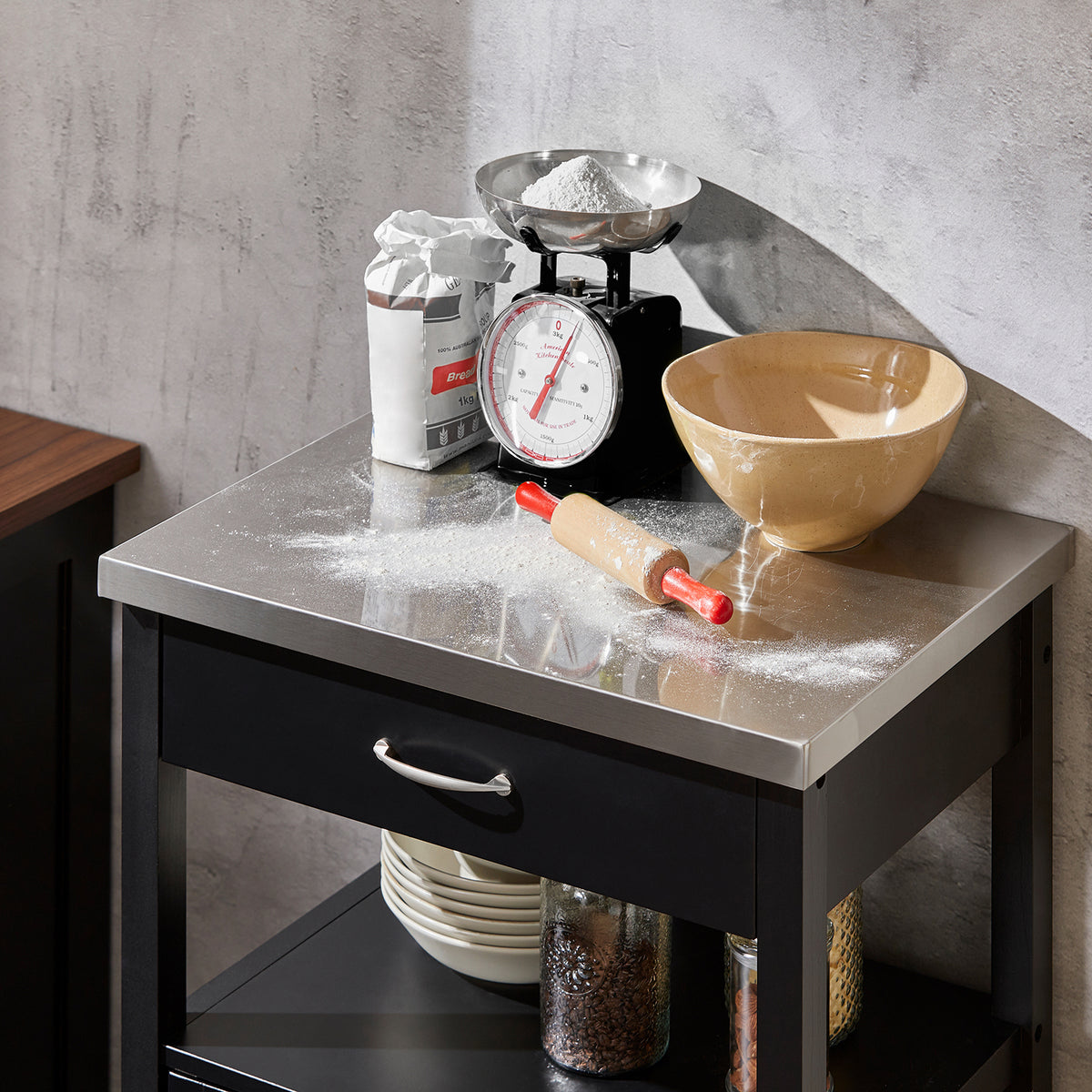 SoBuy FKW22-SCH, Kitchen Trolley Cart Storage Trolley Serving Trolley Kitchen Cabinet with Stainless Steel Worktop, Black