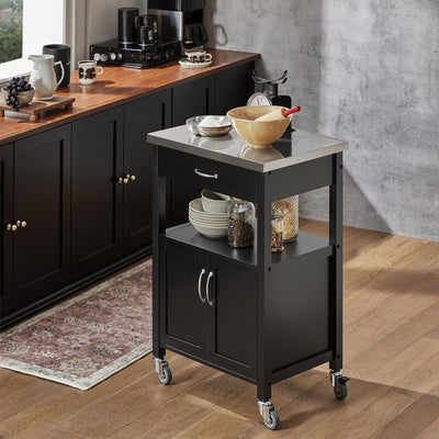 SoBuy FKW22-SCH, Kitchen Trolley Cart Storage Trolley Serving Trolley Kitchen Cabinet with Stainless Steel Worktop, Black