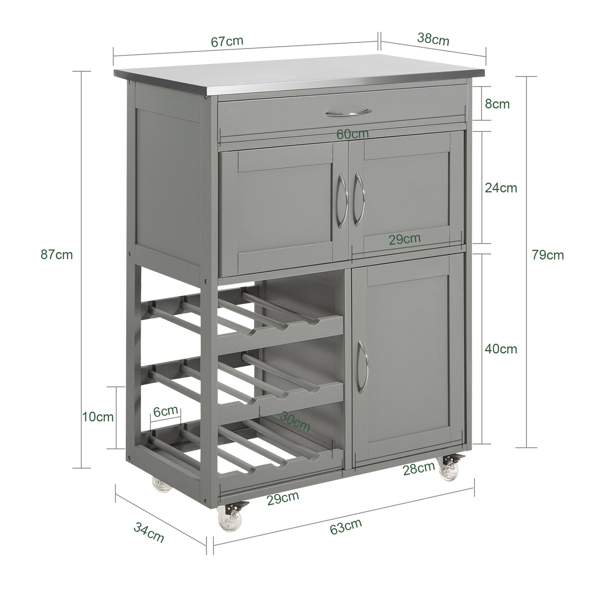 SoBuy FKW45-HG dimensions diagram – W67×D38×H86cm light grey kitchen trolley on wheels 60kg load capacity