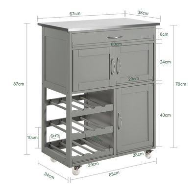 SoBuy FKW45-HG dimensions diagram – W67×D38×H86cm light grey kitchen trolley on wheels 60kg load capacity