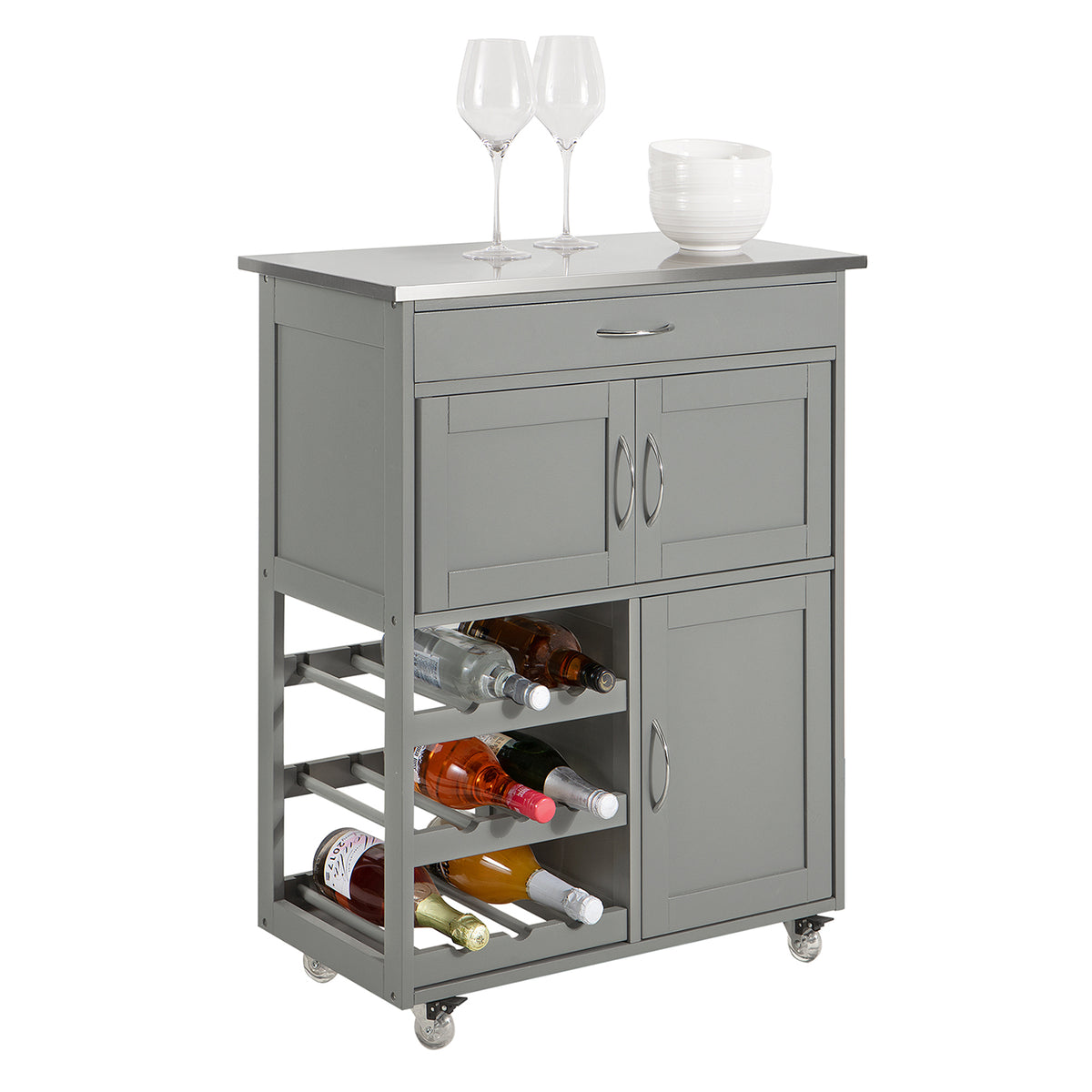SoBuy FKW45-HG light grey kitchen trolley on wheels with stainless steel worktop – white background product image