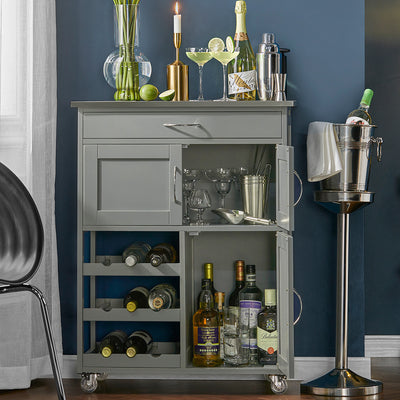 SoBuy FKW45-HG light grey rolling kitchen trolley with 3-tier wine rack in kitchen setting – stainless steel worktop