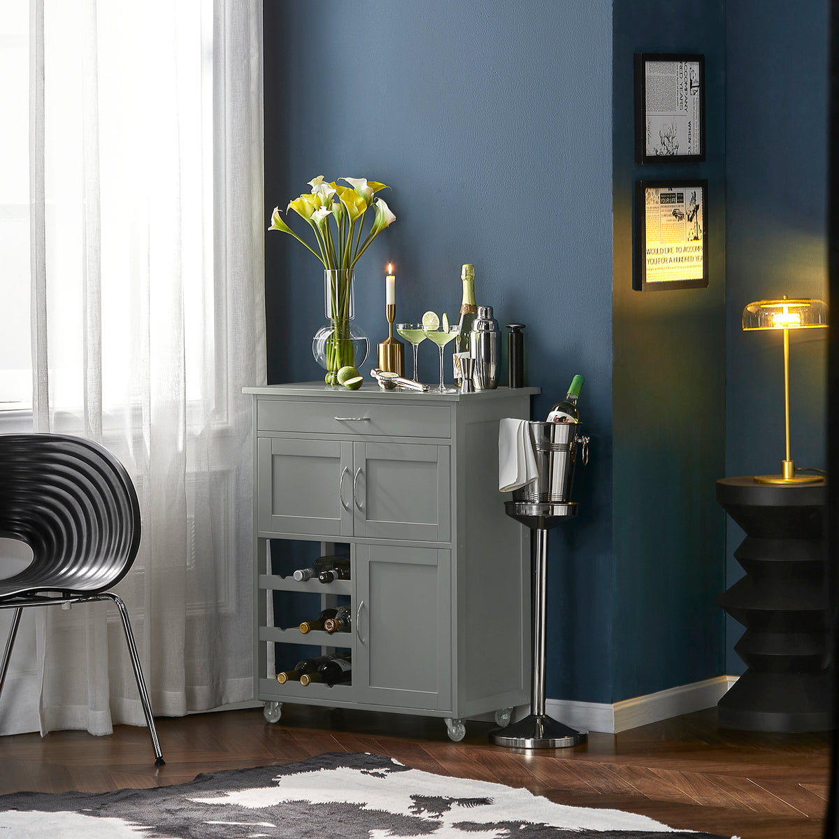 SoBuy FKW45-HG light grey kitchen trolley on wheels in dining room setting – drawer double cabinet wine rack
