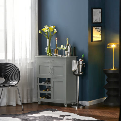 SoBuy FKW45-HG light grey kitchen trolley on wheels in dining room setting – drawer double cabinet wine rack