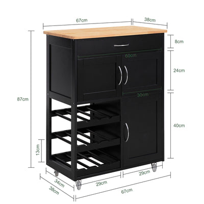 SoBuy FKW45-SCH, Kitchen Storage Trolley Serving Trolley Kitchen Storage Cabinet with Rubber Wood Worktop, Black