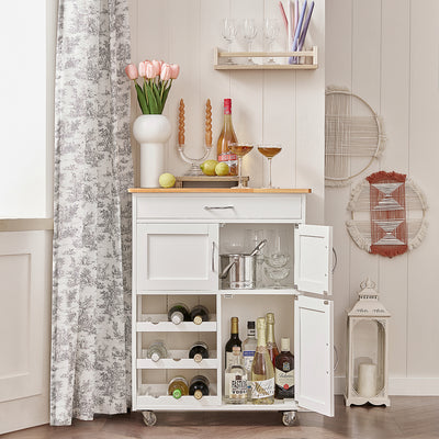 SoBuy FKW45-WN, Kitchen Storage Trolley Serving Trolley Kitchen Storage Cabinet with Rubber Wood Worktop, White