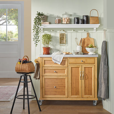 SoBuy FKW70-N, Kitchen Storage Trolley Kitchen Island Kitchen Cabinet Cupboard Sideboard with Stainless Steel Top, Wood