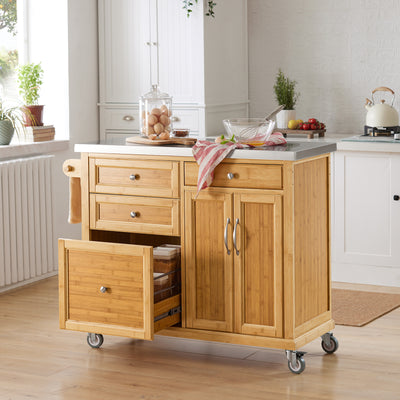 SoBuy FKW70-N, Kitchen Storage Trolley Kitchen Island Kitchen Cabinet Cupboard Sideboard with Stainless Steel Top, Wood