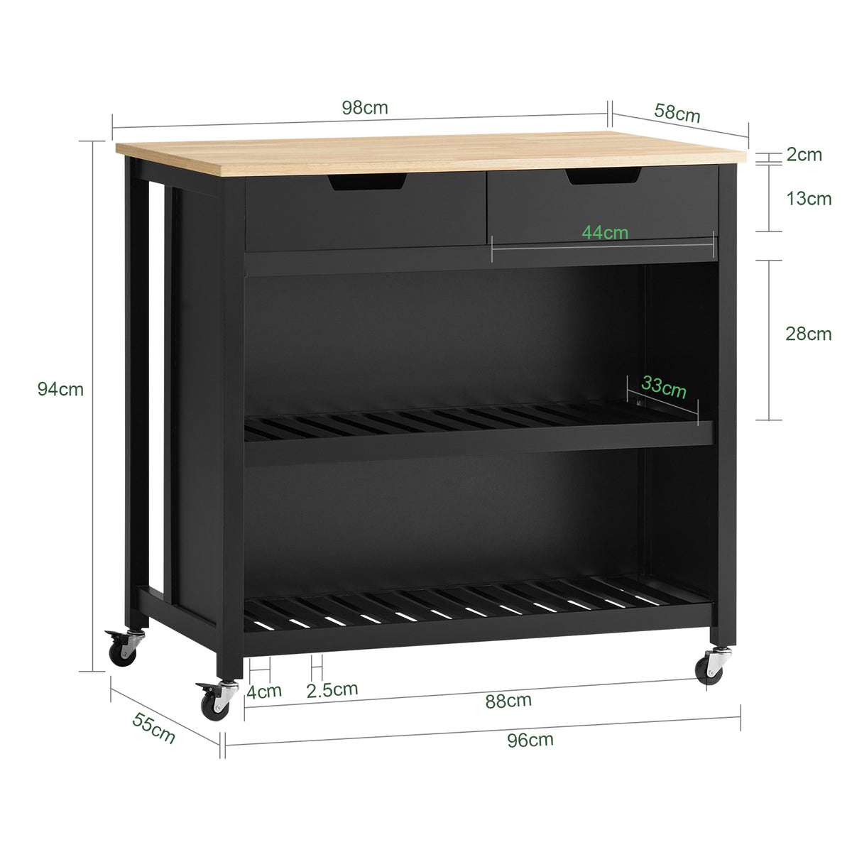 SoBuy FKW74-SCH Serving Trolley with Casters, Kitchen Trolley with Worktop, Kitchen Rolling Cart, Outdoor Serving Trolley, Standing Kitchen Shelf, Kitchen Shelf, Kitchen Trolley with Storage Space, Black, 98x94x58 cm