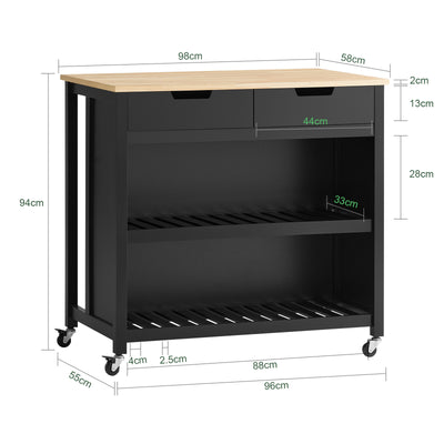 SoBuy FKW74-SCH Serving Trolley with Casters, Kitchen Trolley with Worktop, Kitchen Rolling Cart, Outdoor Serving Trolley, Standing Kitchen Shelf, Kitchen Shelf, Kitchen Trolley with Storage Space, Black, 98x94x58 cm
