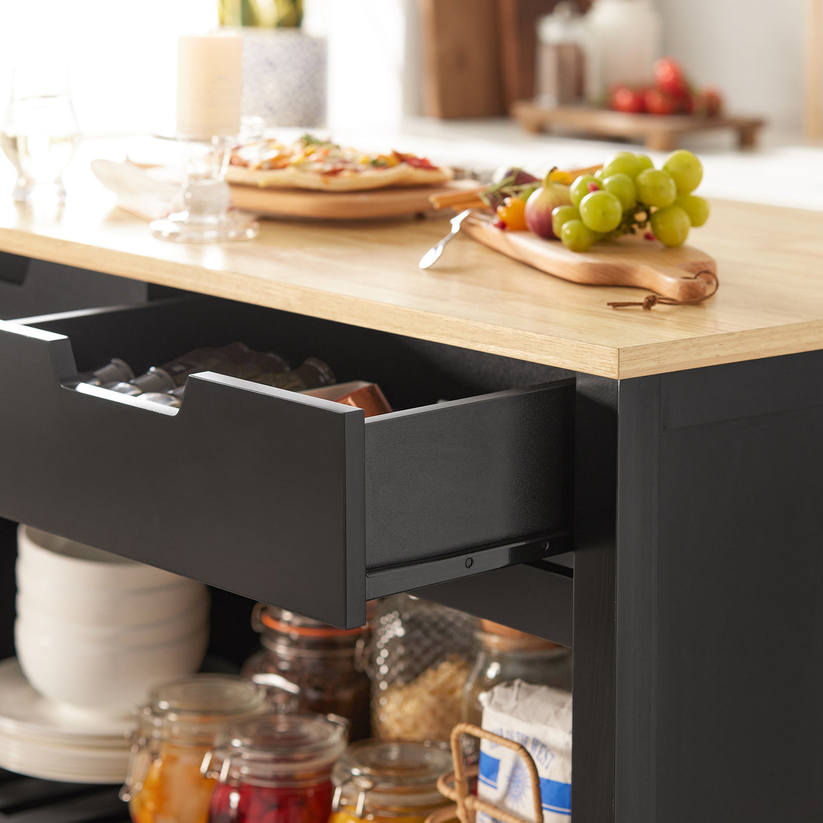 SoBuy FKW74-SCH Serving Trolley with Casters, Kitchen Trolley with Worktop, Kitchen Rolling Cart, Outdoor Serving Trolley, Standing Kitchen Shelf, Kitchen Shelf, Kitchen Trolley with Storage Space, Black, 98x94x58 cm