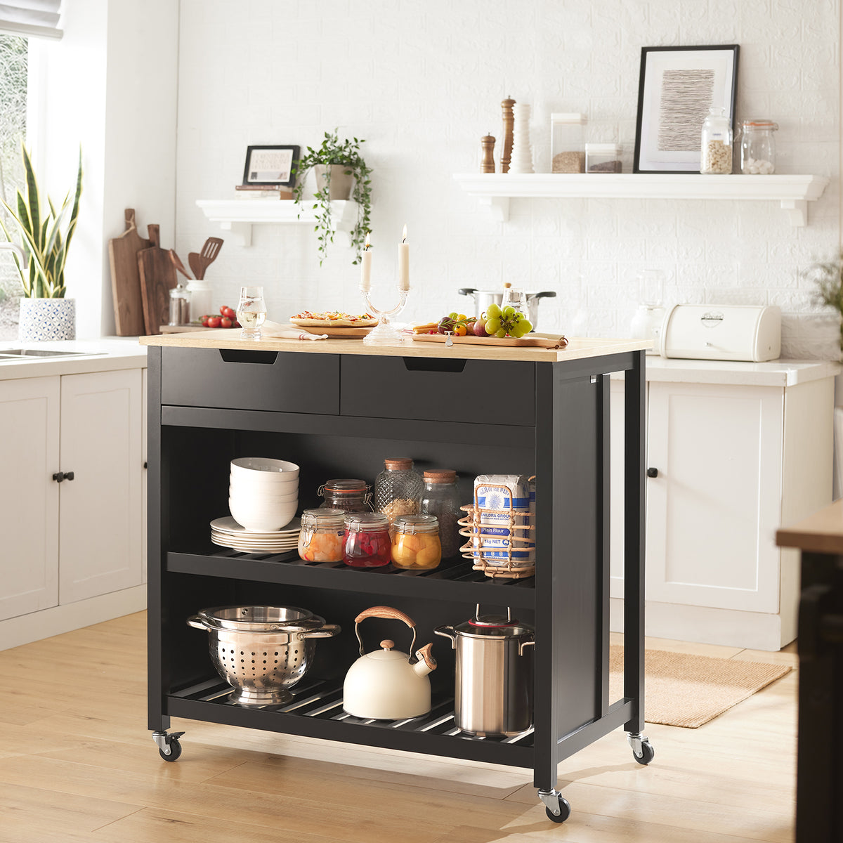 SoBuy FKW74-SCH Serving Trolley with Casters, Kitchen Trolley with Worktop, Kitchen Rolling Cart, Outdoor Serving Trolley, Standing Kitchen Shelf, Kitchen Shelf, Kitchen Trolley with Storage Space, Black, 98x94x58 cm