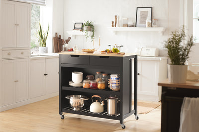 SoBuy FKW74-SCH Serving Trolley with Casters, Kitchen Trolley with Worktop, Kitchen Rolling Cart, Outdoor Serving Trolley, Standing Kitchen Shelf, Kitchen Shelf, Kitchen Trolley with Storage Space, Black, 98x94x58 cm