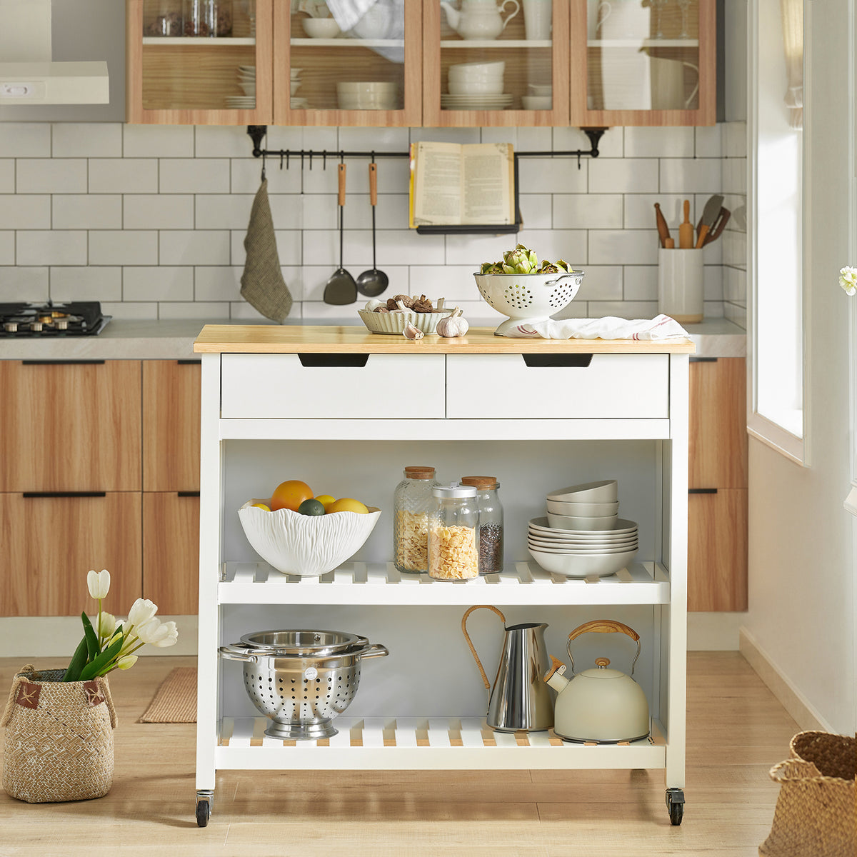 SoBuy FKW74-WN Kitchen Island on Wheels Trolley Storage Cart Free-Standing Unit Butchers Block Furniture 98×58×94 cm White/Natural