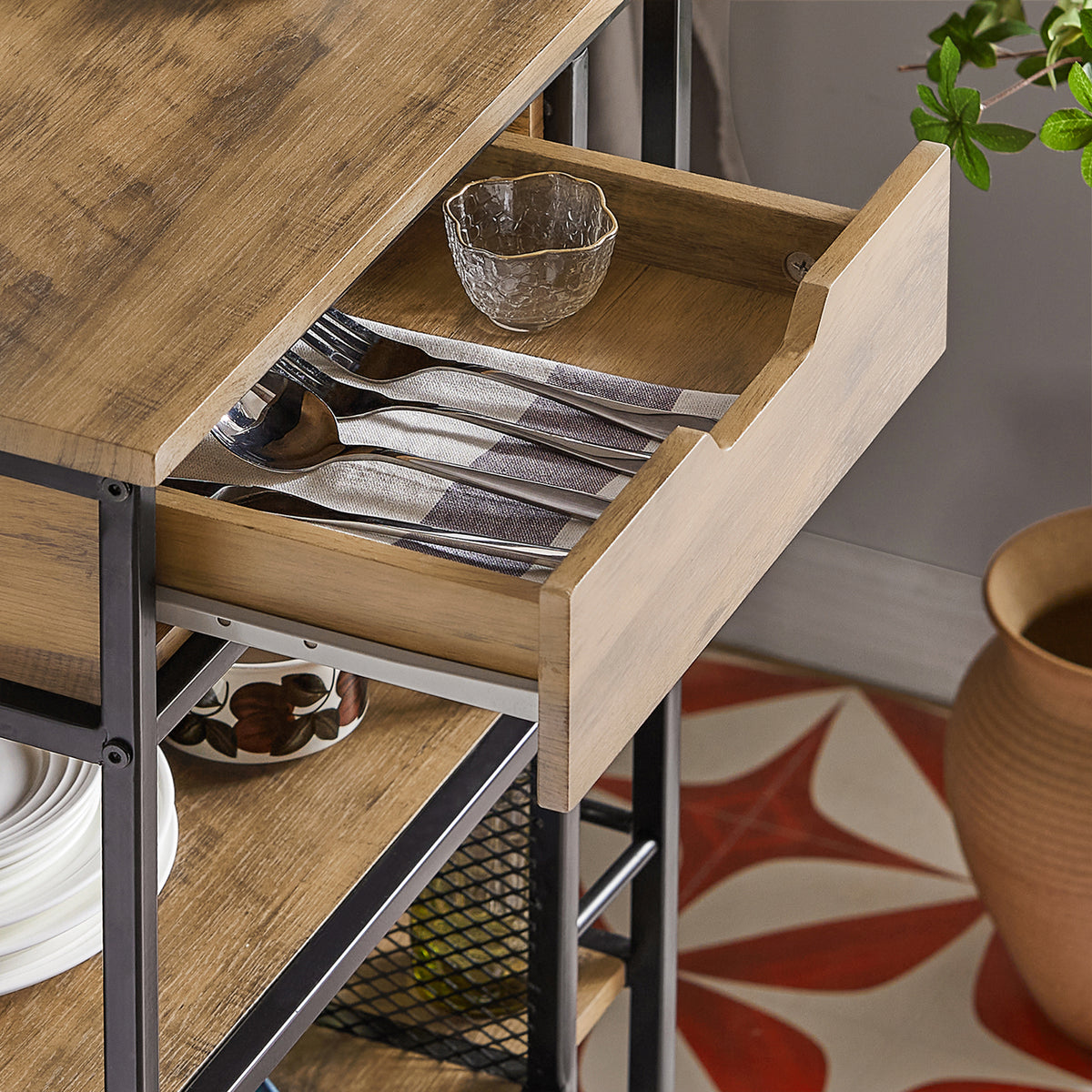 SoBuy FKW99-N drawer interior close-up – cutlery and utensil storage on black industrial kitchen trolley