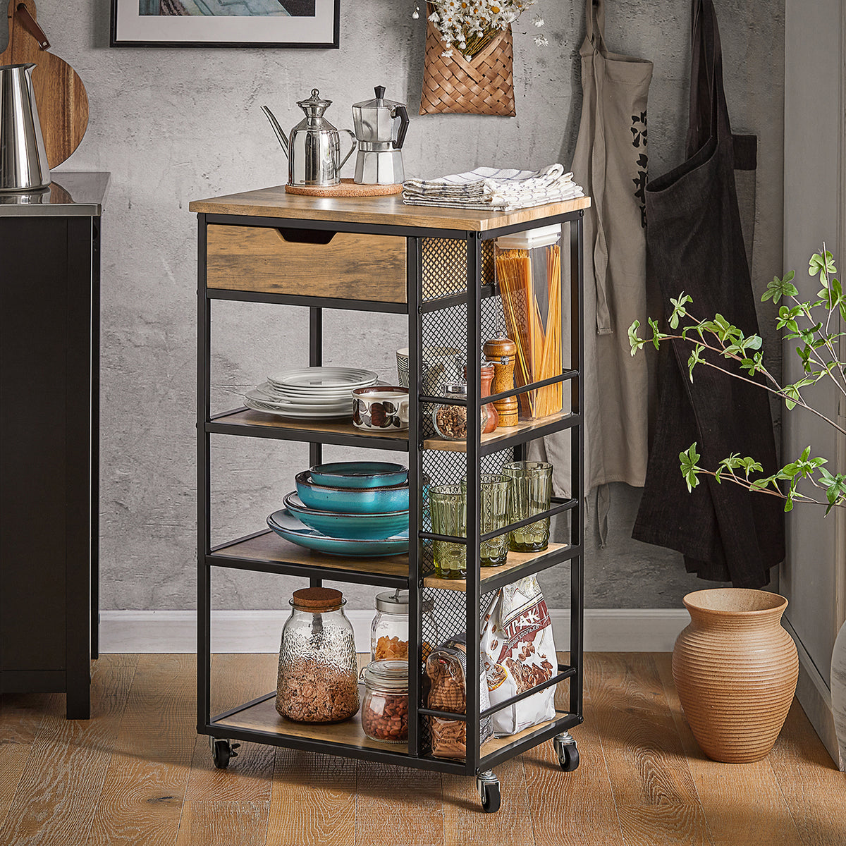 SoBuy FKW99-N black industrial kitchen trolley in kitchen setting – drawer 3-tier open shelves and steel side rack