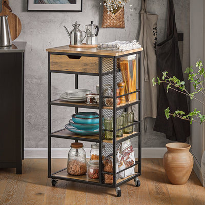 SoBuy FKW99-N black industrial kitchen trolley in kitchen setting – drawer 3-tier open shelves and steel side rack