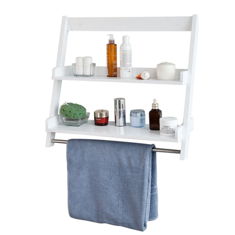 SoBuy FRG117-W, Wall Mounted Shelf, Storage Display Ladder Shelf, 2 Shelves + 1 Hanging Rail