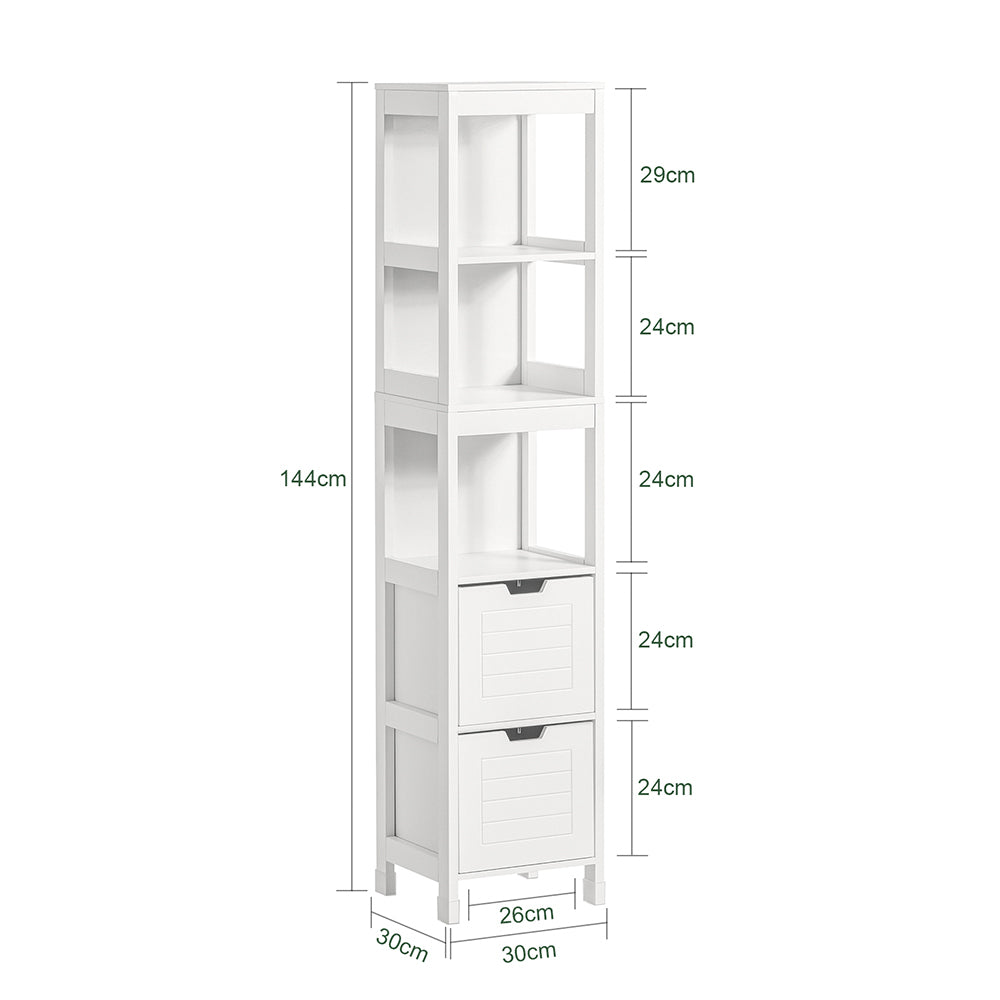 SoBuy FRG126-W, Bathroom Storage Cabinet Slim Tall 3-Tier Shelves with 2 Drawers White MDF Cupboard Freestanding Narrow Bathroom Cabinet for Toilet Sink Kitchen Corner 30x30x144cm